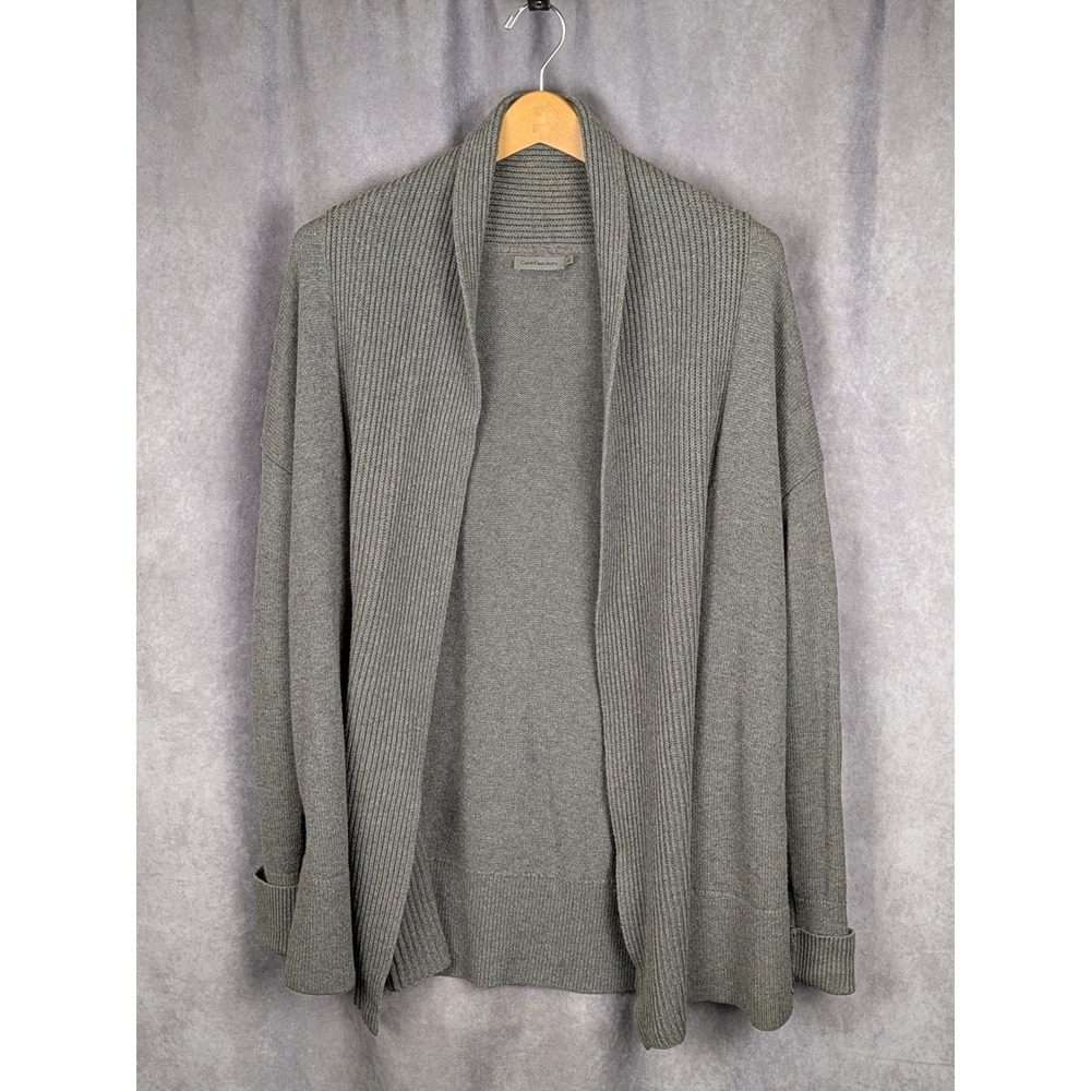 Calvin Klein‎ Women Gray Ribbed Shawl Collar Open Front Cardigan Sweater XS C25